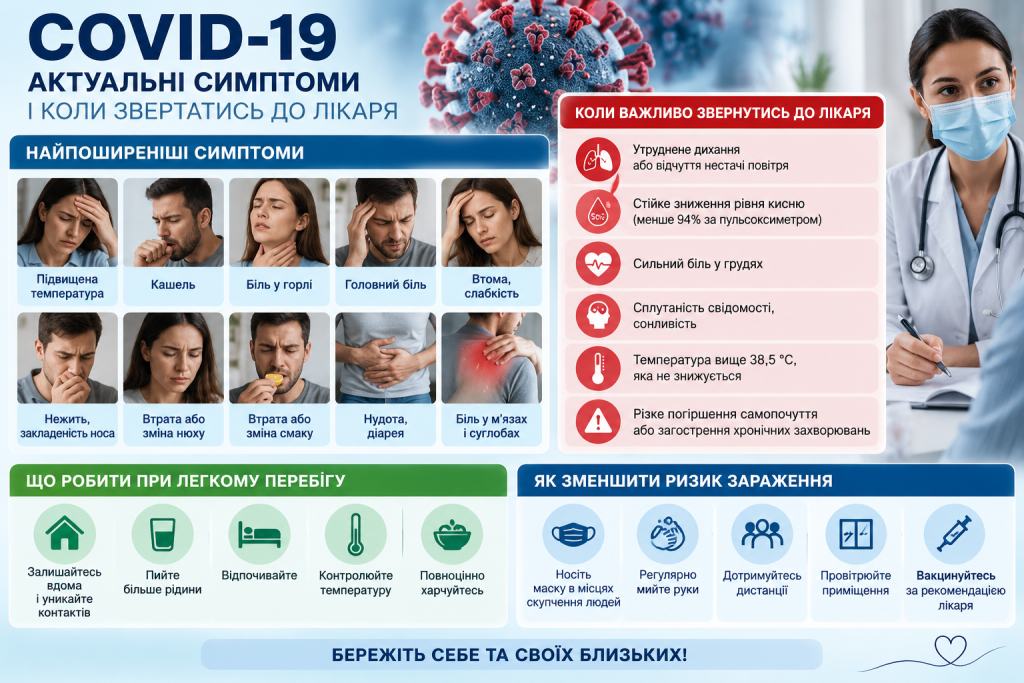 Інфографіка про актуальні симптоми COVID-19, ознаки погіршення стану, рекомендації при легкому перебігу та профілактику зараження.