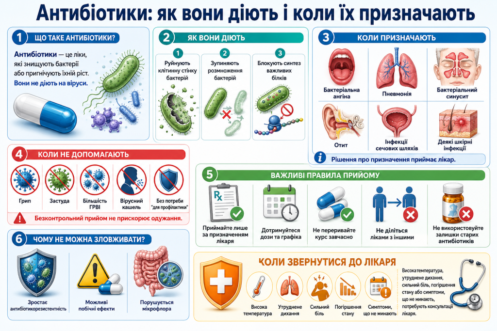 Інфографіка про принцип дії антибіотиків, показання до застосування, правила прийому, антибіотикорезистентність і випадки, коли вони не допомагають