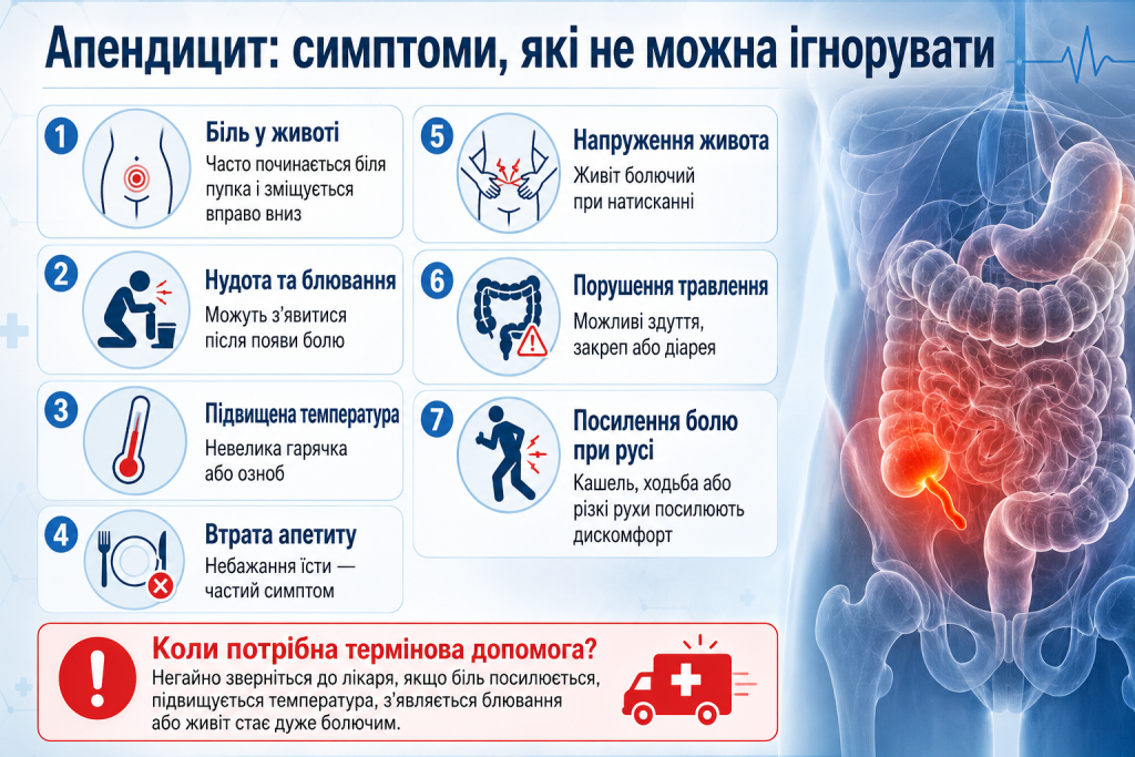 Інфографіка про симптоми апендициту: біль у животі, нудота, температура, втрата апетиту та ознаки для термінового звернення до лікаря