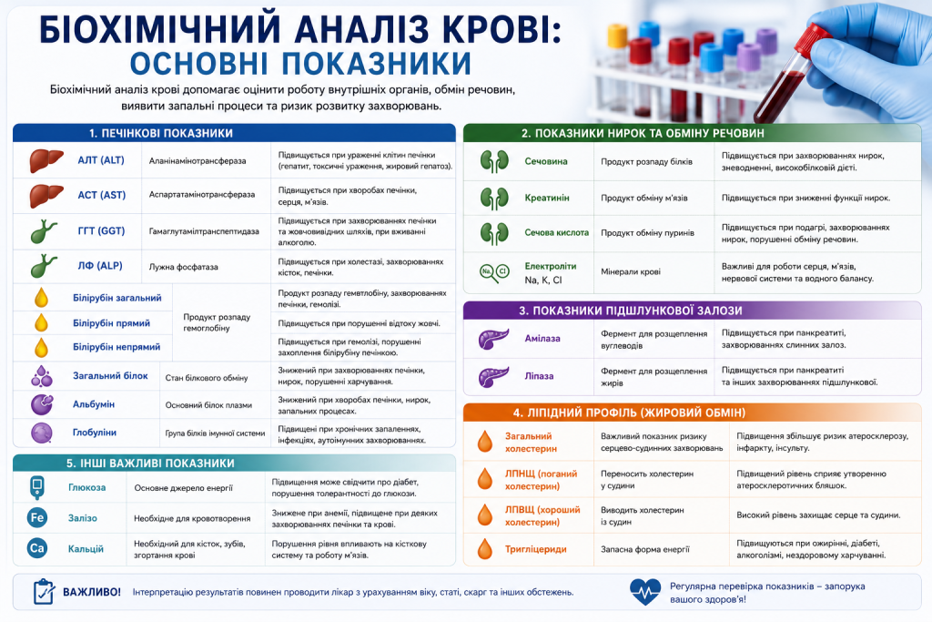 Інфографіка з основними показниками біохімічного аналізу крові: АЛТ, АСТ, білірубін, креатинін, глюкоза, холестерин і електроліти
