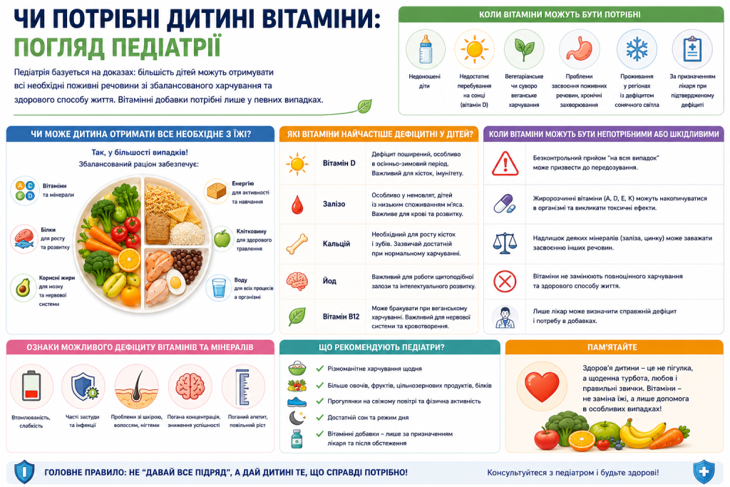 Інфографіка про те, коли дітям можуть бути потрібні вітамінні добавки, можливі дефіцити та роль збалансованого харчування