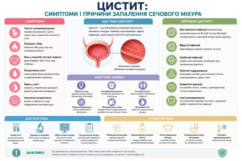 Інфографіка про симптоми циститу, причини запалення сечового міхура, фактори ризику, діагностику та профілактику
