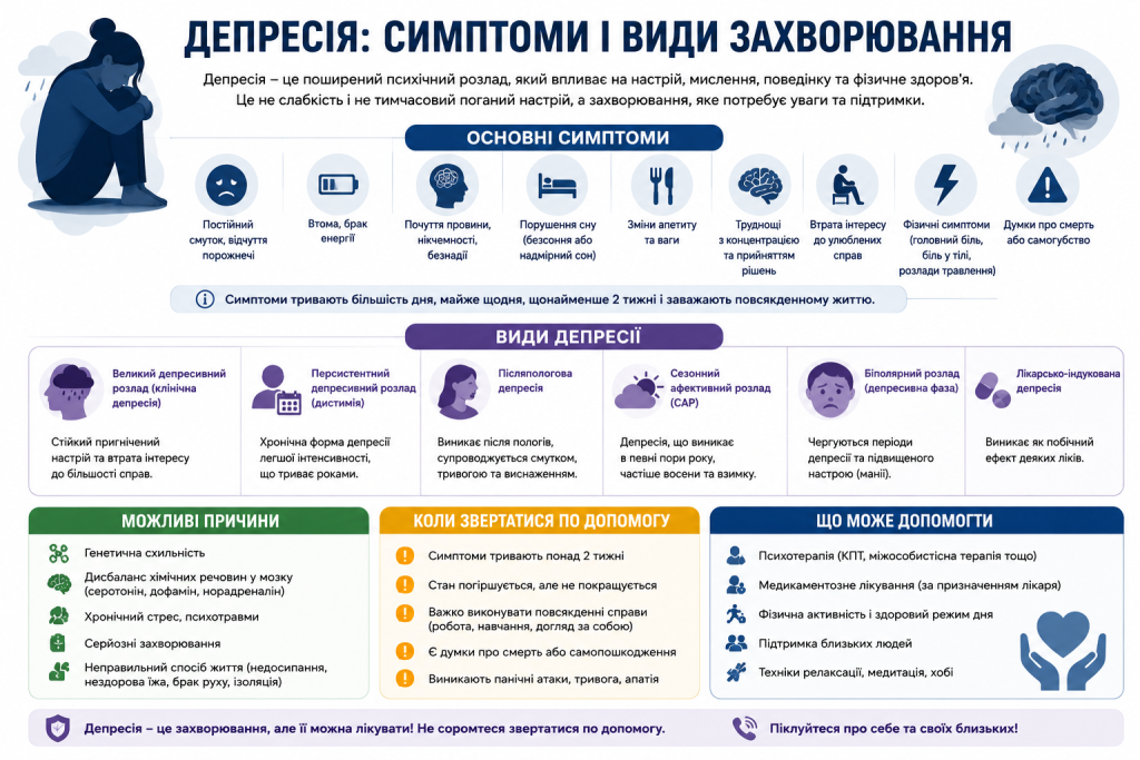 Інфографіка про симптоми депресії, її основні види, можливі причини, способи допомоги та ознаки для звернення до фахівця