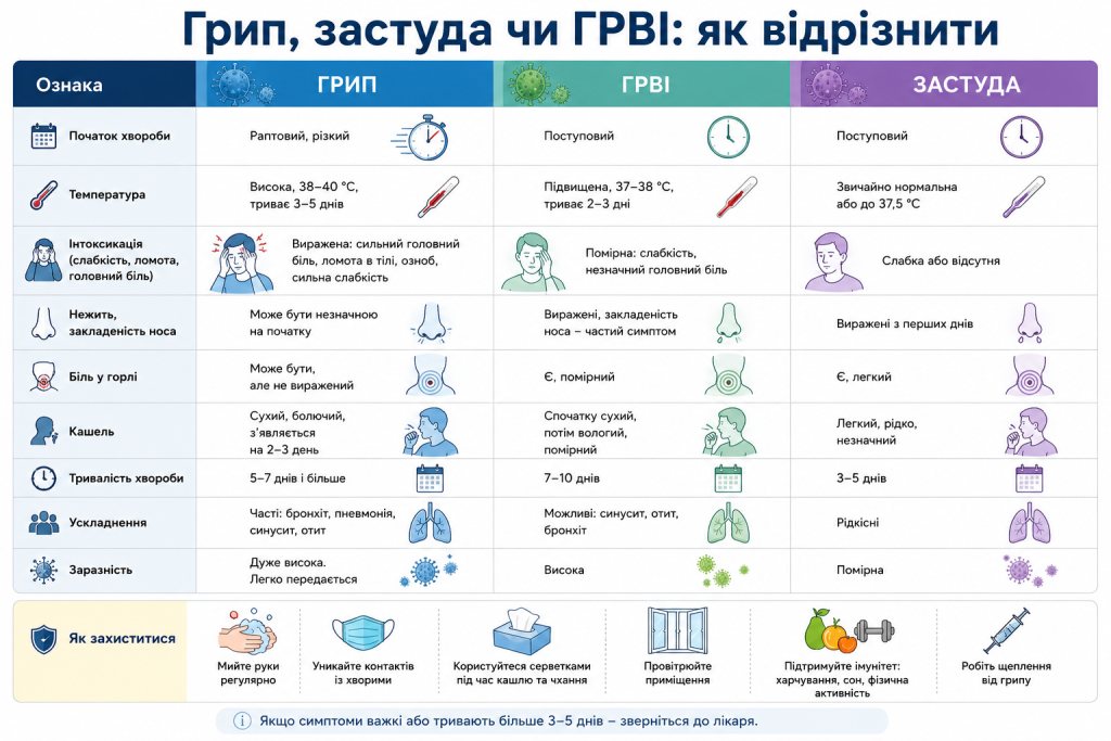 Порівняльна таблиця симптомів грипу, ГРВІ та застуди за температурою, кашлем, нежитем, тривалістю хвороби й ускладненнями
