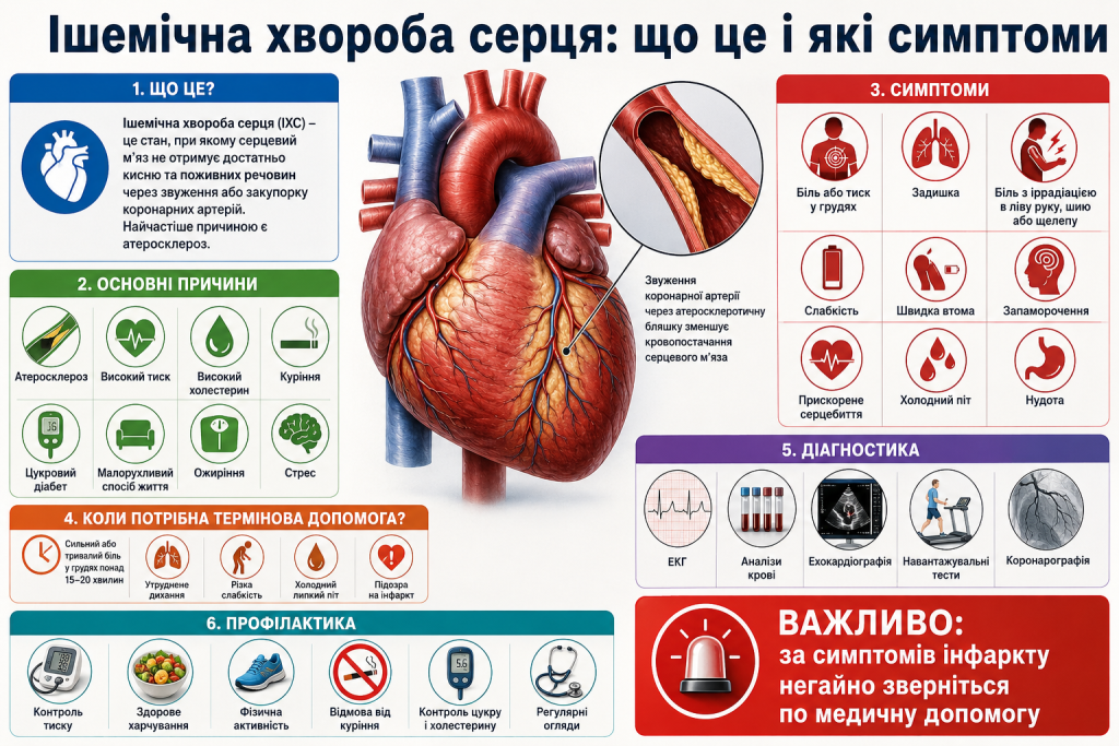 Інфографіка про ішемічну хворобу серця, звуження коронарних артерій, фактори ризику, симптоми, діагностику та профілактику