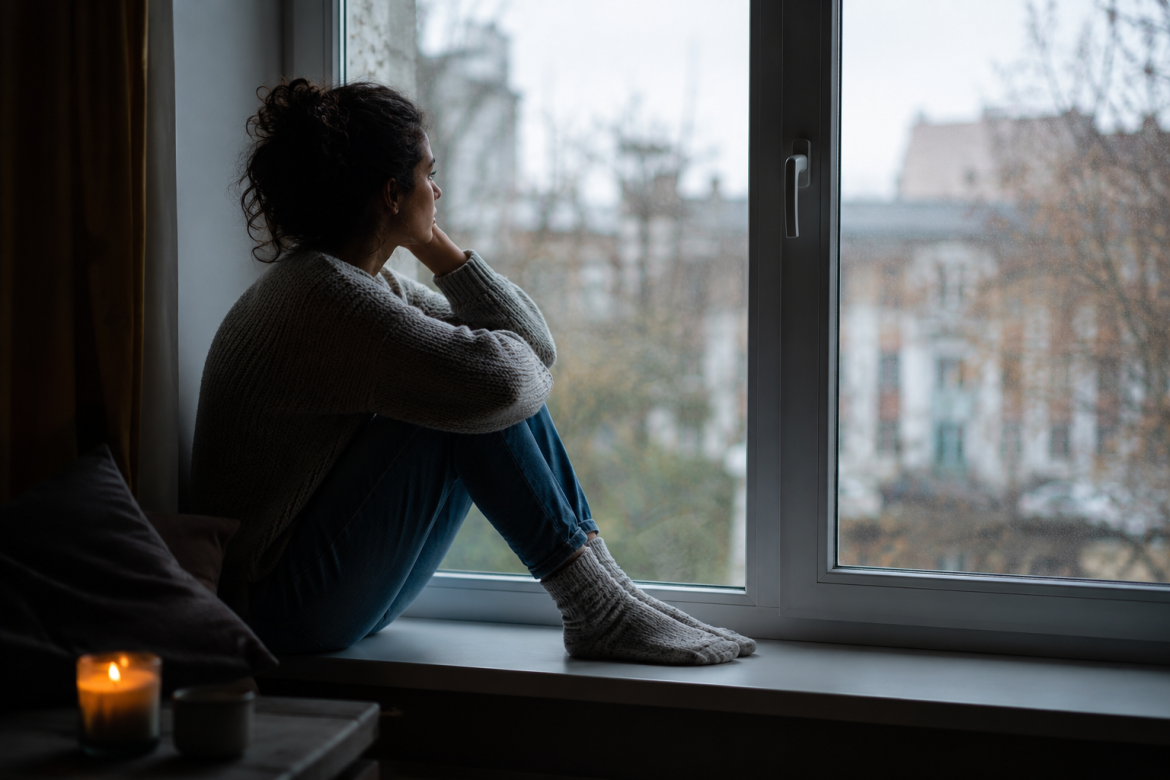 Засмучена жінка сидить біля вікна в похмурий день, що ілюструє пригнічений настрій, апатію та емоційне виснаження