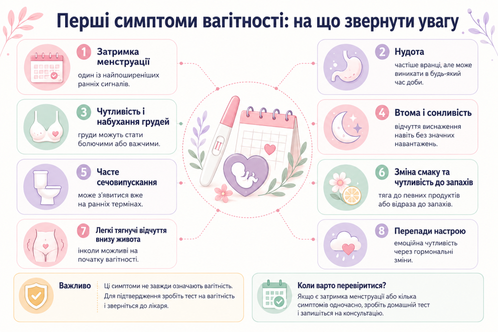 Інфографіка про ранні ознаки вагітності: затримку менструації, нудоту, втому, чутливість грудей та зміни смаку