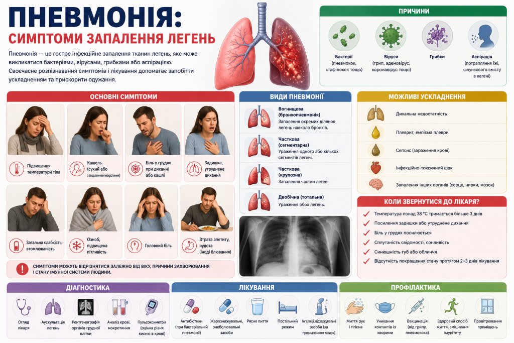 Інфографіка про симптоми пневмонії, причини запалення легень, види захворювання, діагностику, лікування та можливі ускладнення