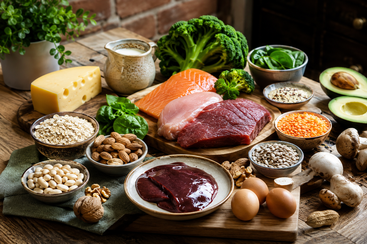 М’ясо, риба, яйця, печінка, молочні продукти, горіхи, бобові, крупи та овочі як джерела вітамінів групи B