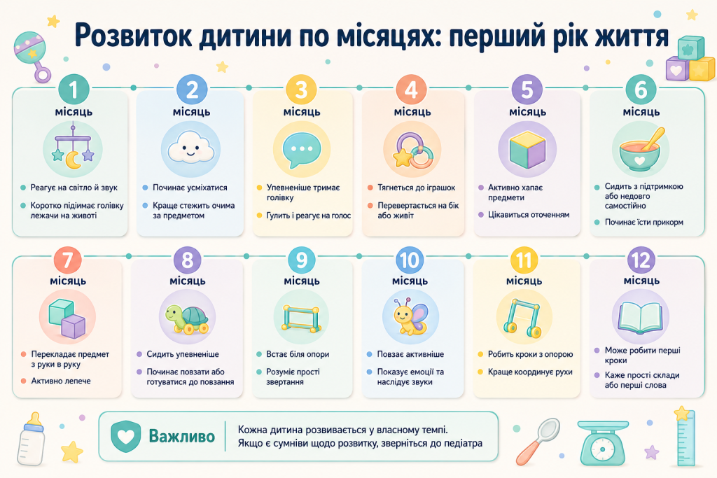 Інфографіка про розвиток немовляти від 1 до 12 місяців із основними навичками та етапами першого року життя