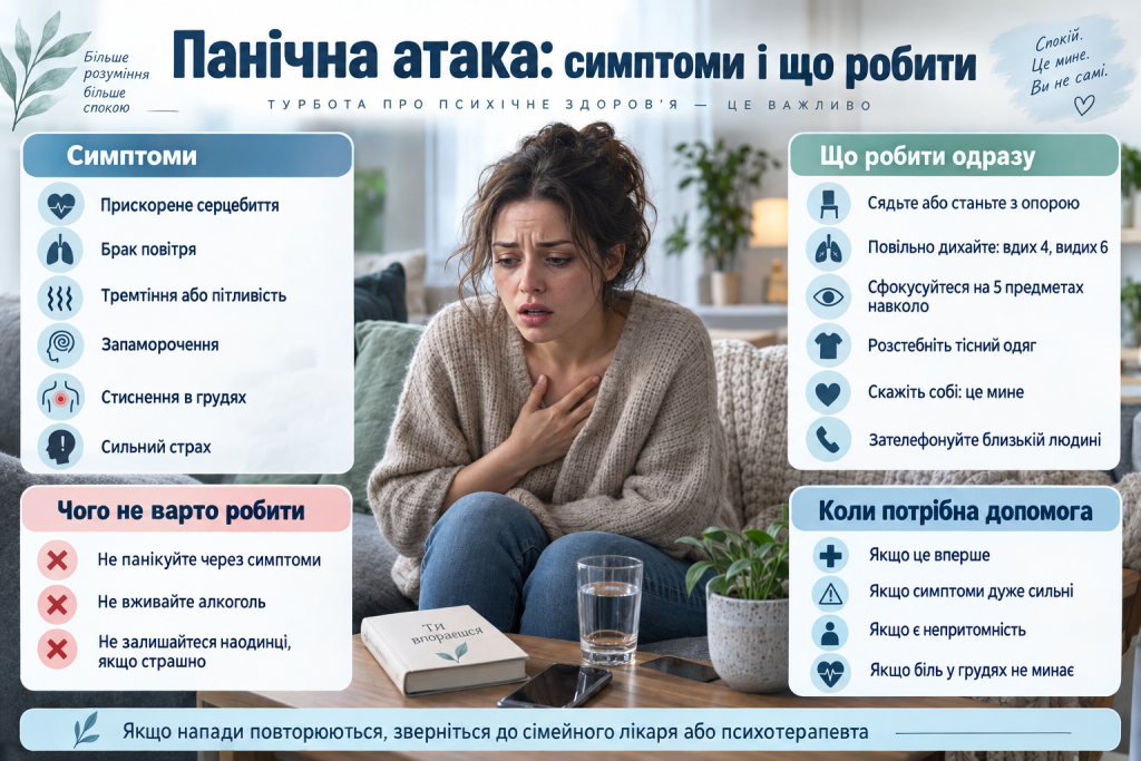 Інфографіка про симптоми панічної атаки, першу допомогу, дії під час нападу та ознаки, коли потрібно звернутися до лікаря.