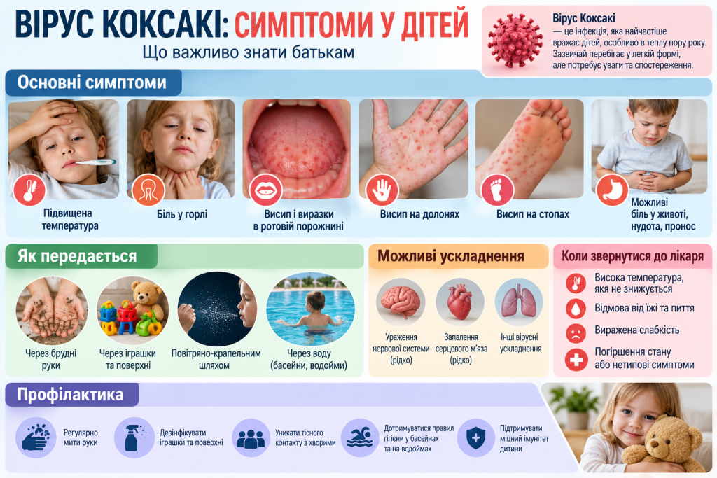 Інфографіка про симптоми вірусу Коксакі у дітей, висип на долонях і стопах, біль у горлі, температуру та способи передачі