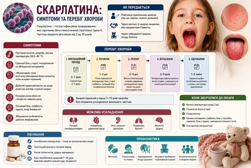 Інфографіка про симптоми скарлатини у дітей, шляхи передачі, етапи хвороби, висип, малиновий язик, ускладнення та лікування