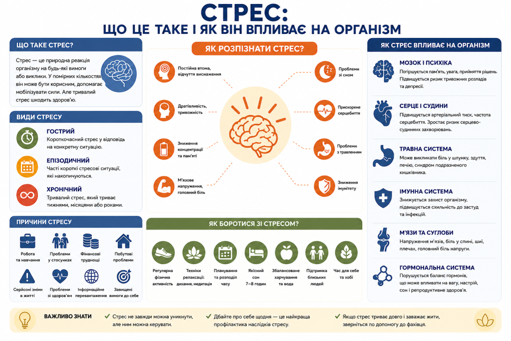 Інфографіка про види та ознаки стресу, його вплив на мозок, серце, травлення, імунітет і способи боротьби