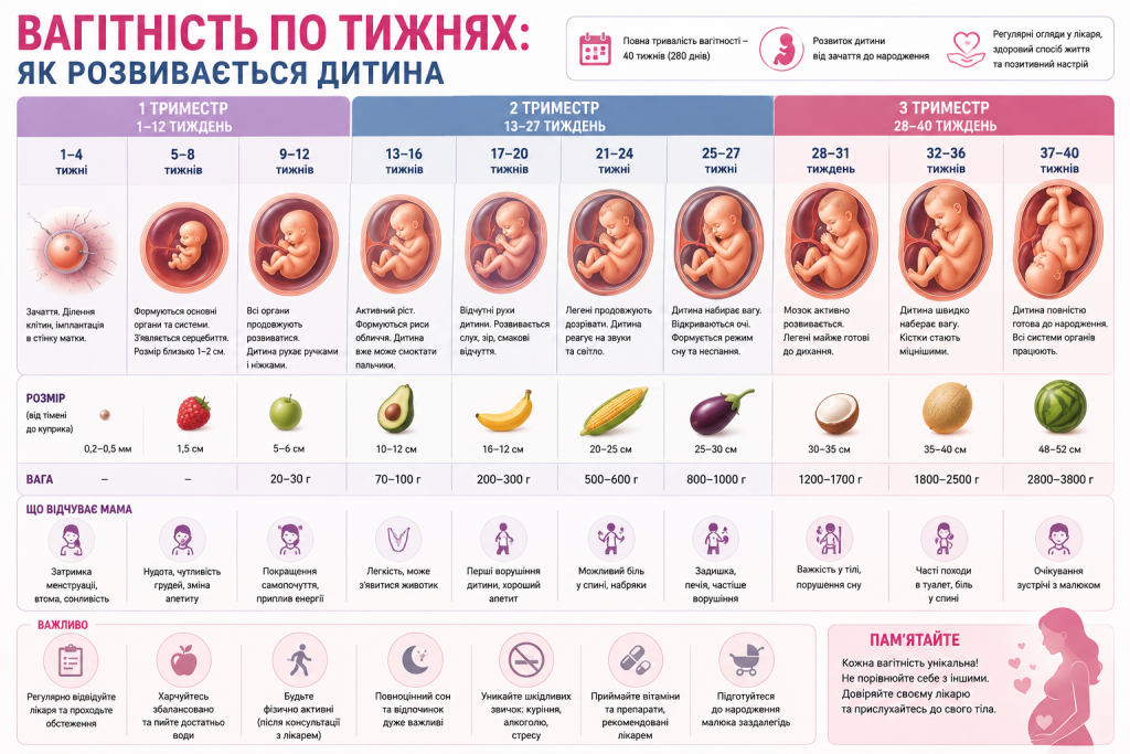 Інфографіка про розвиток плода за тижнями вагітності у першому, другому і третьому триместрах із розмірами та вагою дитини