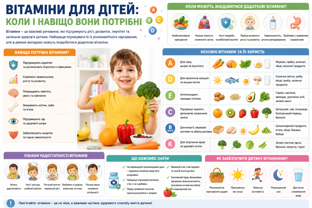 Інфографіка про користь вітамінів A, C, D, E, K і групи B для дітей, ознаки дефіциту та природні джерела в харчуванні