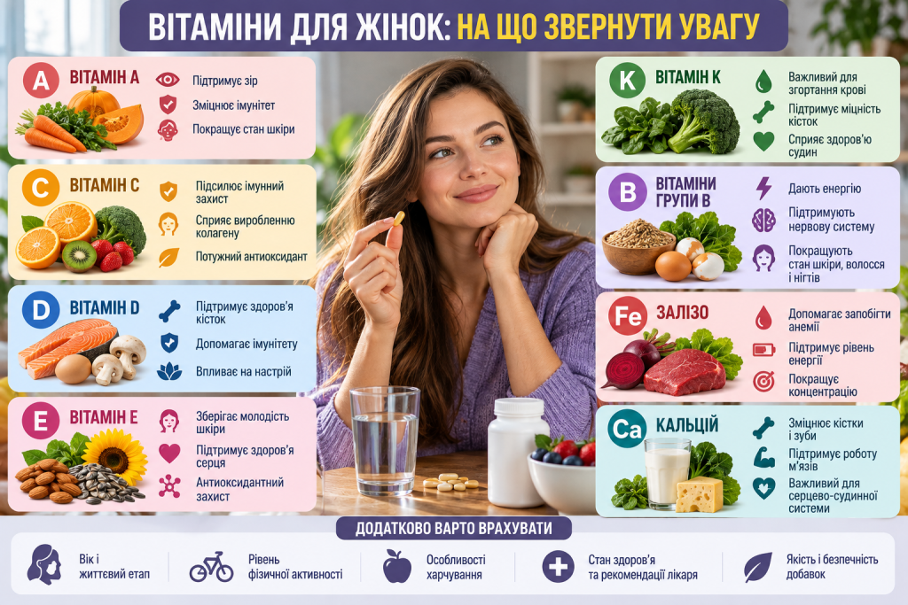 Інфографіка про основні вітаміни та мінерали для жінок, їх роль, джерела у продуктах і важливі фактори вибору