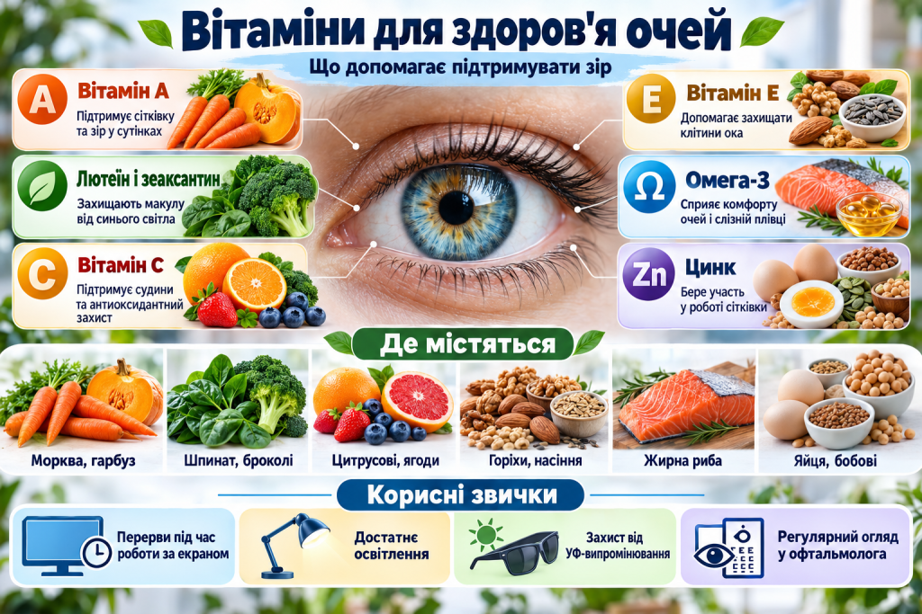 Інфографіка про вітаміни A, C, E, омега-3, цинк, лютеїн і зеаксантин для підтримки здоров’я очей із прикладами продуктів та корисних звичок.