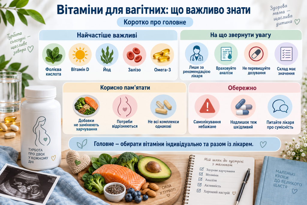 Інфографіка про вітаміни для вагітних, фолієву кислоту, вітамін D, йод, залізо, омега-3 та правила безпечного приймання добавок.