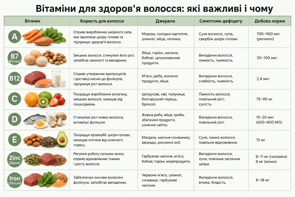 Таблиця вітамінів A, B7, B12, C, D, E, цинку та заліза для здоров’я, росту і зміцнення волосся