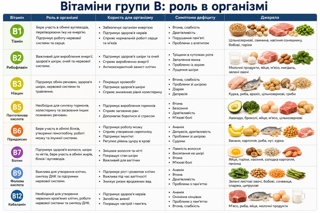 Таблиця вітамінів B1, B2, B3, B5, B6, B7, B9 і B12 із їх роллю в організмі, симптомами дефіциту та продуктами