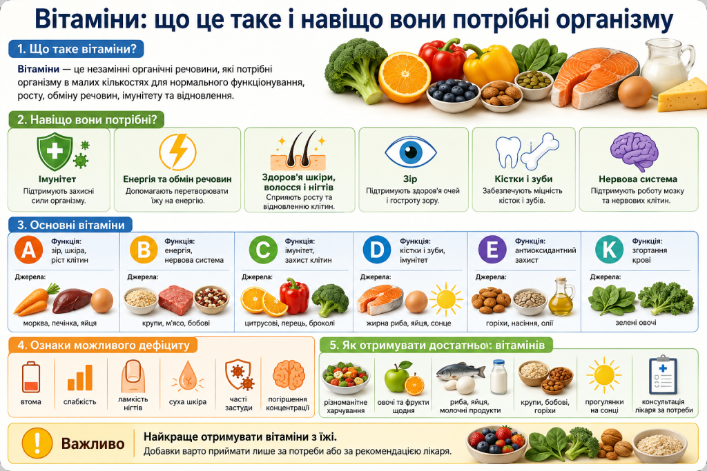Інфографіка про основні вітаміни A, B, C, D, E і K, їх функції, джерела в їжі та ознаки можливого дефіциту
