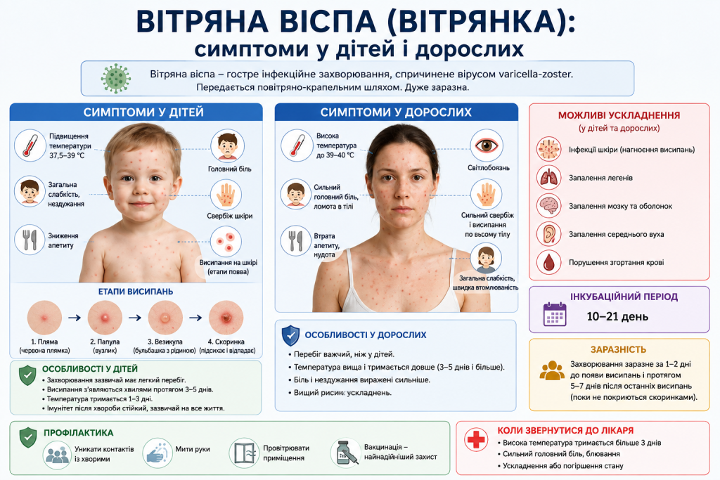 Інфографіка про симптоми вітрянки у дітей і дорослих, стадії висипань, ускладнення, заразність і профілактику