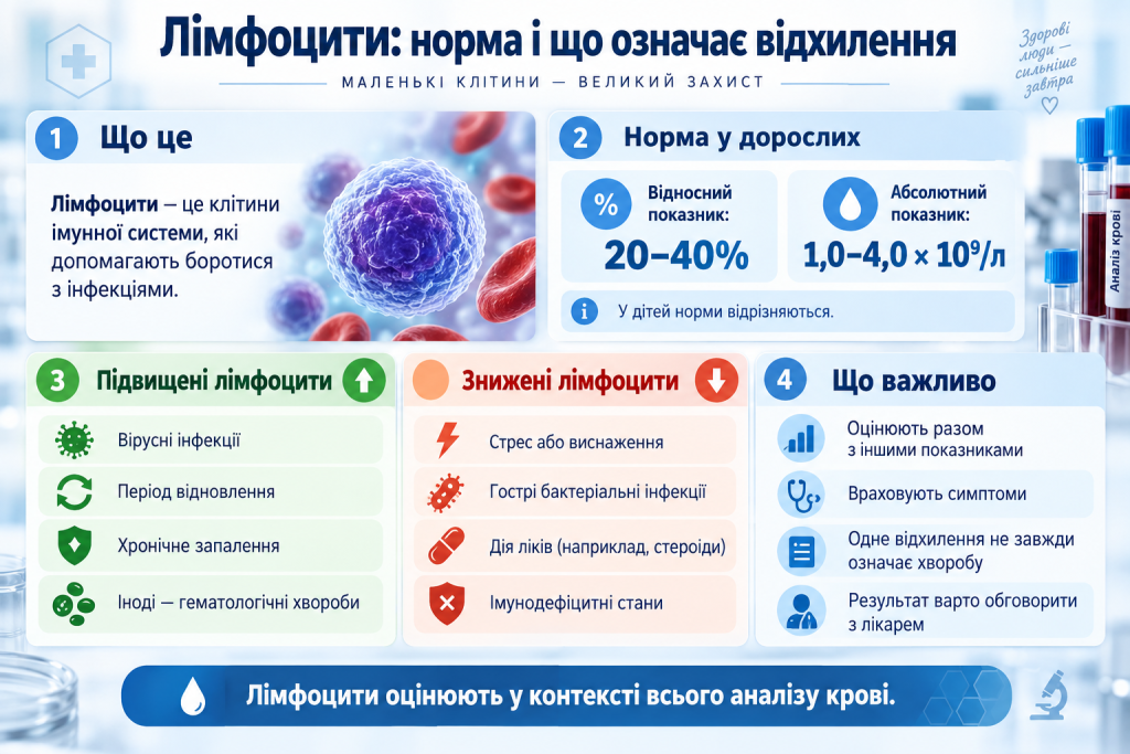 Медична інфографіка про норму лімфоцитів у крові дорослих, можливі причини підвищених і знижених показників та їх оцінку.