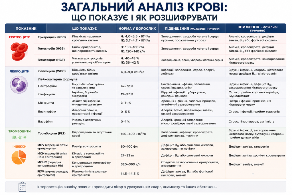 Таблиця показників загального аналізу крові з еритроцитами, гемоглобіном, лейкоцитами, тромбоцитами та нормами для дорослих